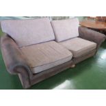 SUBSTANTIAL THREE SEATER SOFA WITH LEATHER UPHOLSTERED FRAME AND FABRIC CUSHIONS