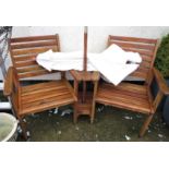 HARDWOOD GARDEN TWIN SEAT WITH CENTRAL TWO TIER TABLE, TOGETHER WITH CREAM FABRIC PARASOL
