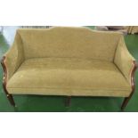 EDWARDIAN MAHOGANY AND BOXWOOD STRUNG FRAMED SOFA WITH PALE GREEN UPHOLSTERY