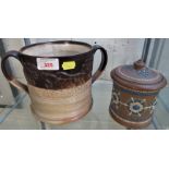 VICTORIAN BROWN STONEWARE QUART LOVING CUP WITH HUNTING SCENE AND DOULTON LAMBETH SILICON LIDDED JAR