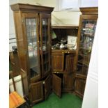 BESPOKE STAINED OAK THREE PART CORNER UNIT WITH GLAZED DOORS, CUPBOARDS AND SHELVES (COST £4,560