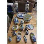 SELECTION OF DELFT BLUE AND WHITE WARE INCLUDING CLOGS, PLATE, BOWLS AND STOPPERED BOTTLES