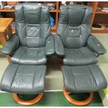 PAIR OF EKORNES STRESSLESS SWIVEL RECLINING ARMCHAIRS WITH MATCHING FOOTSTOOLS IN GREEN LEATHER