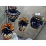 PAIR OF SMALL DOULTON LAMBETH VASES IN BLUE, GREEN AND BROWN GLAZE; ROYAL DOULTON POT IN BLUE