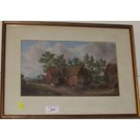 PAINTING OF FARMYARD SCENE, (17CM X 29.5CM), FRAMED AND GLAZED