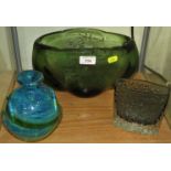 THREE ITEMS OF COLOURED STUDIO GLASSWARE - LARGE GREEN VASE, BLUE AND GREEN BOTTLE VASE AND GREY
