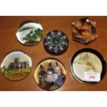 FOUR PICTORIAL GLASS PAPERWEIGHTS, CANE GLASS PAPERWEIGHT AND FACETED GLASS PAPERWEIGHT