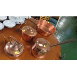 TWO COPPER KETTLES, LIDDED COPPER COOKING POT AND COPPER PRESERVE PAN