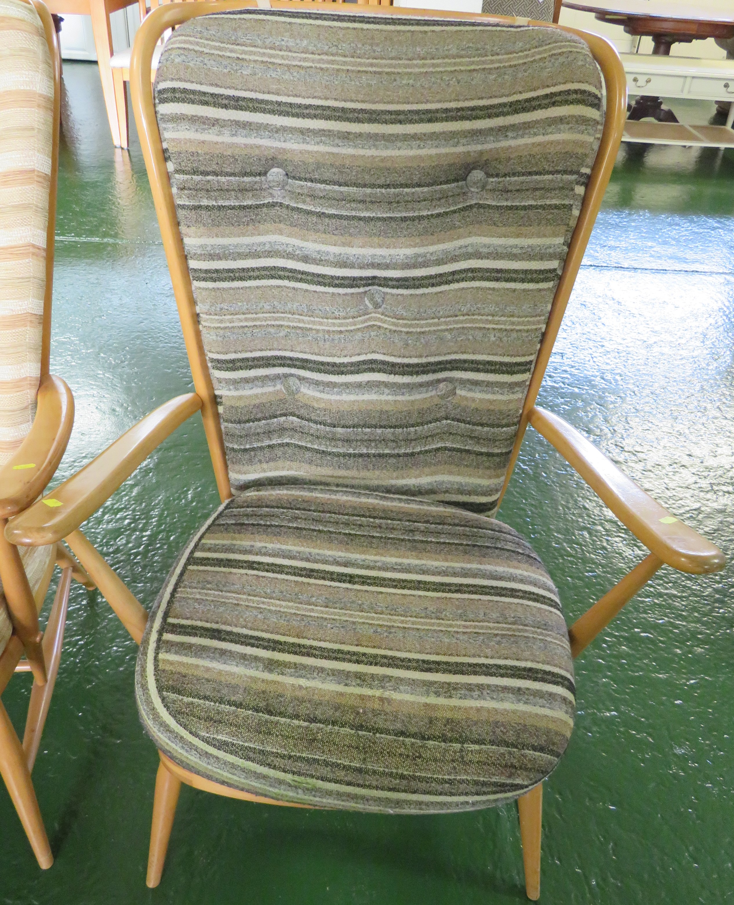 MATCHED PAIR OF ERCOL LIGHT ELM ARMCHAIRS WITH TIE ON STRIPED UPHOLSTERED CUSHIONS - Image 3 of 3