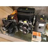 ZEISS IKON FOLDING FILM CAMERA, NIKON SLR FILM CAMERA, BOX BROWNIE CAMERA AND OTHER ITEMS