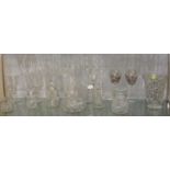 SHELF OF GLASSWARE INCLUDING VASES, VESSELS, BOWL ON STEM WITH ROUGH PONTIL ETCHED WITH VINES,