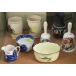 SHELF OF SMALL DECORATIVE CHINA INCLUDING WEDGWOOD JASPER WARE VASE, HAND BELLS, TWO EDWARD VIII