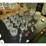 MIXED GLASSWARE INCLUDING CANDLESTICKS, VASES, BOWLS, DECANTER STOPPERS, LETTER RACK, ETC