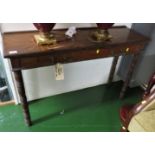 MID WOOD HALL TABLE WITH FAUX DRAWER FRONT AND BRASS HANDLES STANDING ON TURNED LEGS