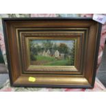 OIL ON BOARD OF COUNTRY HOUSE, (9CM X 15.5CM), IN DECORATIVE GILT FRAME