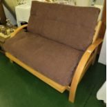 LIGHT WOOD FRAMED TWO SEATER FUTON STYLE SOFABED