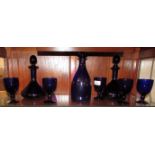 BRISTOL BLUE STYLE GLASSWARE - PAIR OF DECANTERS, ONE OTHER DECANTER AND FIVE WINE GLASSES