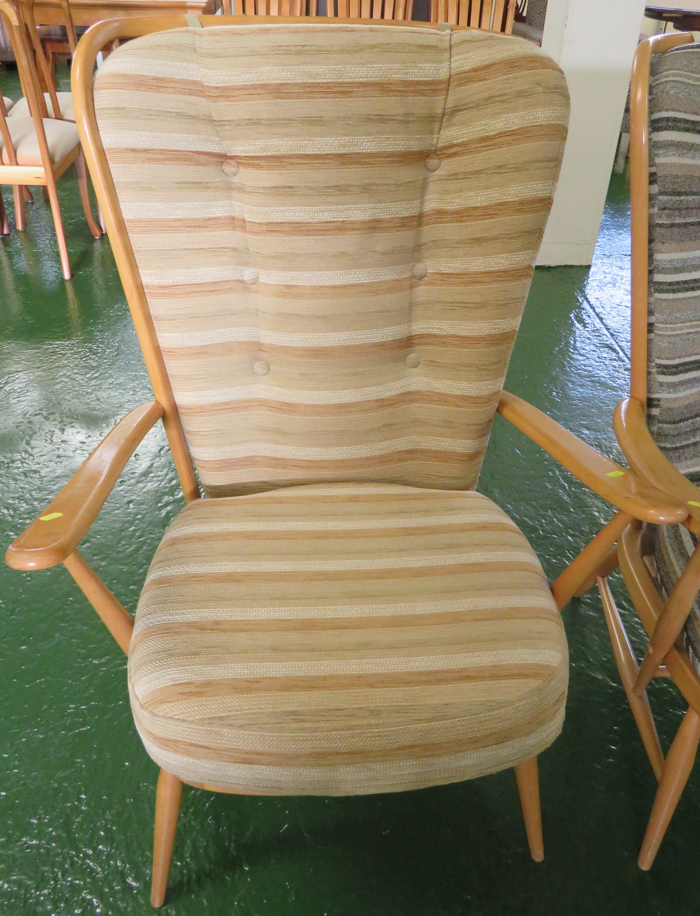 MATCHED PAIR OF ERCOL LIGHT ELM ARMCHAIRS WITH TIE ON STRIPED UPHOLSTERED CUSHIONS - Image 2 of 3