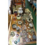 COPPER AND BRASSWARE INCLUDING CANDLE STAND, TWO MEASURES, ENAMELLED WALL HANGING, BRASS BOOT, ETC