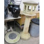 STONE BIRD FEEDING HOUSE ON TALL COLUMN AND SUNDIAL (A/F)