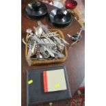 FLY FISHING FLY HOLDER, SELECTION OF PLATED AND STAINLESS CUTLERY AND TWO BLACK PAINTED CIRCULAR
