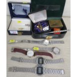 TWO SEIKO GENTS WRISTWATCHES, THREE OTHER WRISTWATCHES AND ASSORTED BASE METAL CUFFLINKS CONTAINED