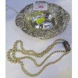 SILVER BONBON DISH, BIRMINGHAM, 1.1 OZT, TOGETHER WITH SIMULATED PEARL NECKLACE WITH CLASP STAMPED