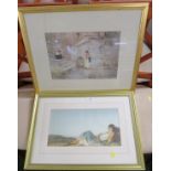 TWO COLOUR PRINTS AFTER RUSSELL FLINT - WOMEN IN COURTYARD AND RECLINING WOMAN