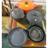 LE CREUSET CASSEROLE DISH AND OTHER CAST IRON DISHES