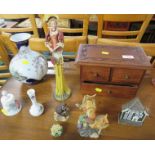 SELECTION OF DECORATIVE ITEMS INCLUDING CHINA FIGURINES, JAPANESE FLORAL AND BIRD DECORATED VASE,