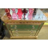 MIRROR CLAD BEDROOM CHEST OF THREE DRAWERS WITH BEVELLED PANELS, GILT EFFECT WOOD FRAME AND