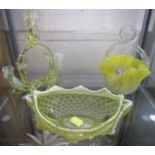 FOUR ITEMS OF VICTORIAN CITRINE GLASSWARE - OVAL BOWL, HANDKERCHIEF BASKET AND TRIPLE STEMMED VASE