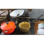 VINTAGE WEIGHING SCALES AND WEIGHTS, LE CREUSET POT AND LID AND BRASS SAUCEPAN