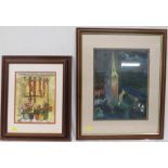 FRAMED AND GLAZED COLOUR PRINT OF CHURCH AND FRAMED AND GLAZED PRINT OF POTTED FLOWERS
