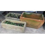 TWO RECTANGULAR STONE PLANTERS AND TERRACOTTA PLANTER