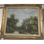 FRAMED CANVAS OF THATCHED BUILDINGS AND TREES