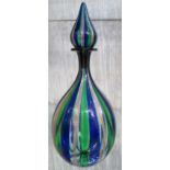 HAND-BLOWN GLASS BOTTLE, BLUE AND GREEN STRIPES, WITH SPIRE STOPPER