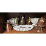 TWO COPPER JUGS, COPPER URN WITH BURNER, CERAMIC FLOWER ARRANGERS AND OTHER ITEMS (ONE SHELF)