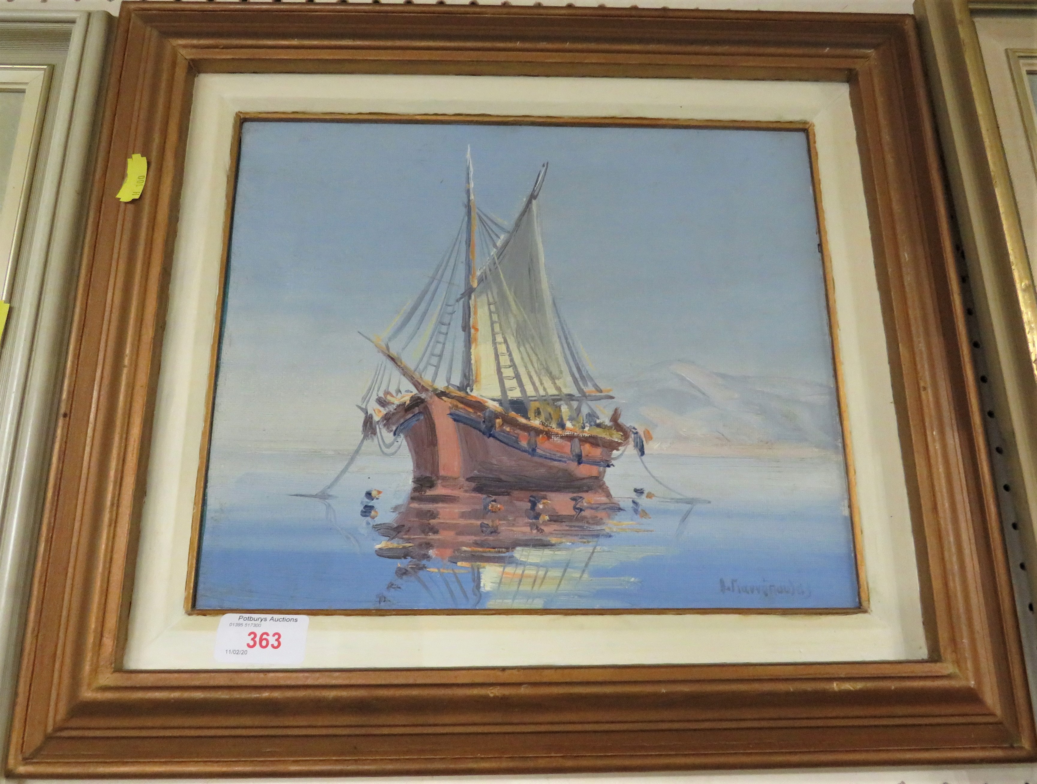 FRAMED ACRYLIC ON BOARD OF MOORED SAILING BOAT