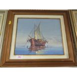 FRAMED ACRYLIC ON BOARD OF MOORED SAILING BOAT