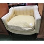 EDWARDIAN LOW TUB ARMCHAIR WITH PALE YELLOW FOLIATE UPHOLSTERY