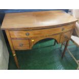 REPRODUCTION REGENCY MAHOGANY VENEERED BOW FRONTED KNEEHOLE DESK WITH THREE DRAWERS