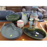 CERAMIC SERVING DISHES, CANDLE HOLDER, WADE SCOTCH BARREL AND ZSOLNAY PECS STYLE VASE WITH MASK
