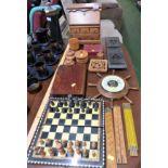 EBONISED BOOK RACK, WOODEN TRINKET BOX FORMED AS BUREAU DESK, WOOD BOX FORMED AS BOOK, CHESS PIECES,