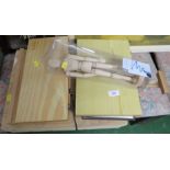 FOLDING EASEL, TWO CASES OF ARTIST'S MATERIALS AND SMALL WOODEN FIGURE