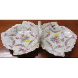 DRESDEN TWIN SEGMENTED HANDLED CHINA DISH DECORATED WITH FLOWERS AND INSECTS