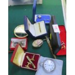 TIE PINS, CUFFLINKS, AYNSLEY FLOWER BROOCH, INGERSOL POCKET WATCH, PILL POT AND OTHER SMALL ITEMS