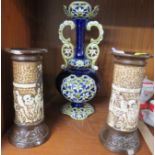 BLUE GLAZED POTTERY URN AND PAIR OF BRETBY VASES (A/F)