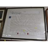FRAMED AND GLAZED 19TH CENTURY INDENTURE (A/F)