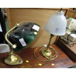 BRASS BANKER'S TYPE ADJUSTABLE DESK LAMP WITH GREEN GLASS SHADE AND BRASS BALUSTER TABLE LAMP WITH